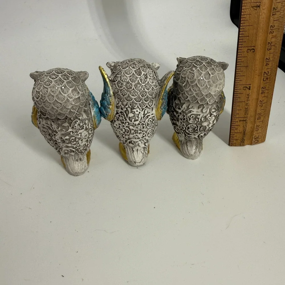 See, Hear & Speak No Evil Owl Set Figurine Statue Silver Gold‎ Blue 2.5
